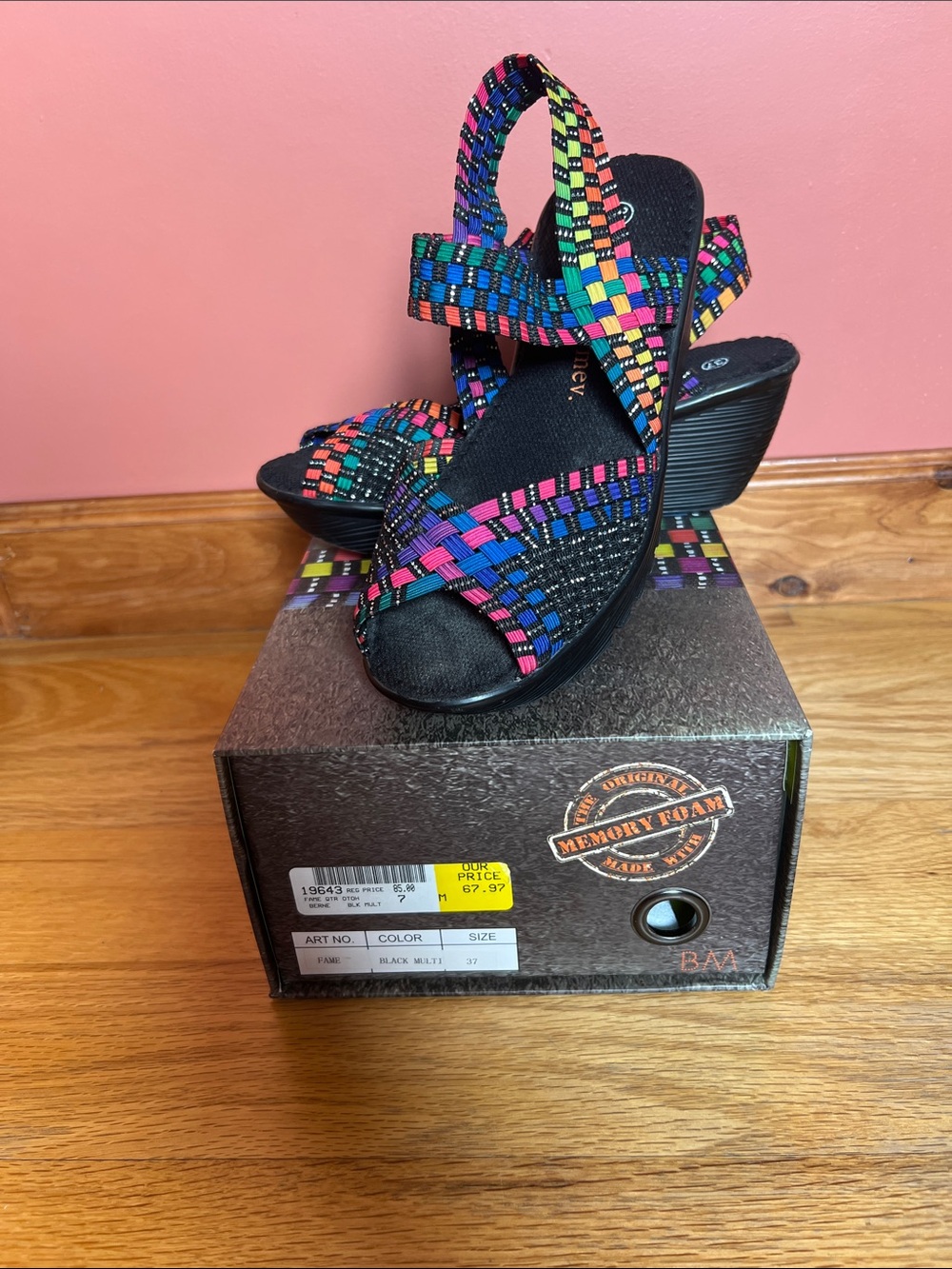 bernie mev. Black Wedge Sandals with Bright Multicolor Straps
